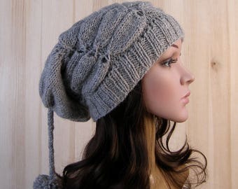 Gray Women's Winter Slouchy Beanie Hat Gray Women's Winter Hand Knit Hat wool knit hat pom pom hats for women's