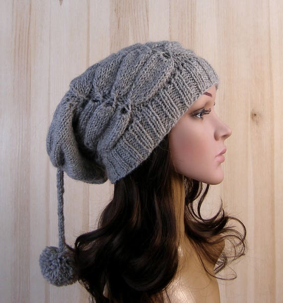 Gray Womens Winter Slouchy Beanie Hat Gray Womens Winter Hand Knit Hat Wool Knit Hat Pom Pom Hats For Womens