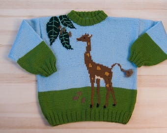 Blue Hand knit giraffe animal kid's  Boy's Girl's sweater 4 years Kid's knit jumper Soft warm  children's sweater kid's clothes