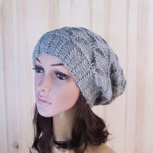 Gray hand knit Women&#39;s hat Gray Winter Slouchy Beanie Women&#39;s Hat Knitted beanie Hat