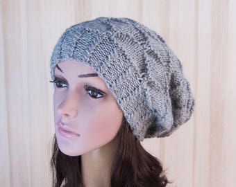 Gray hand knit Women's hat Gray Winter Slouchy Beanie Women's Hat Knitted beanie Hat