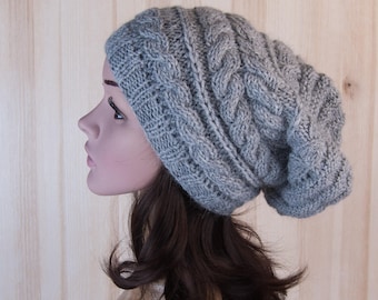 Gray Women's Slouchy Beanie Winter hand knit Hat Gray Women's Knitted long beanie chunky Hat gray wool knit hat women's accessories