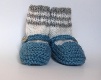 Hand Knitted wool blue gray baby crib shoes booties socks handmade knitted baby infant booties 12 18 months knit baby clothes