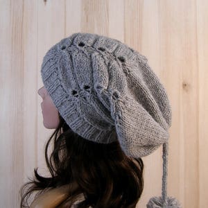 Gray Women's Winter Slouchy Beanie Hat Gray Women's Winter Hand Knit Hat wool knit hat pom pom hats for women's image 8