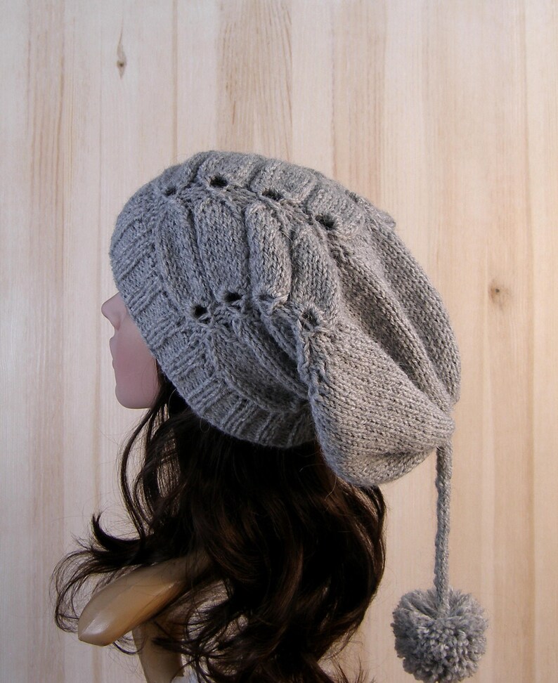 Gray Women's Winter Slouchy Beanie Hat Gray Women's Winter Hand Knit Hat wool knit hat pom pom hats for women's image 8