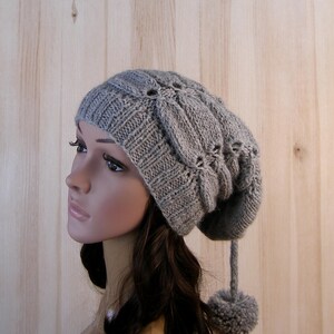 Gray Women's Winter Slouchy Beanie Hat Gray Women's Winter Hand Knit Hat wool knit hat pom pom hats for women's image 10