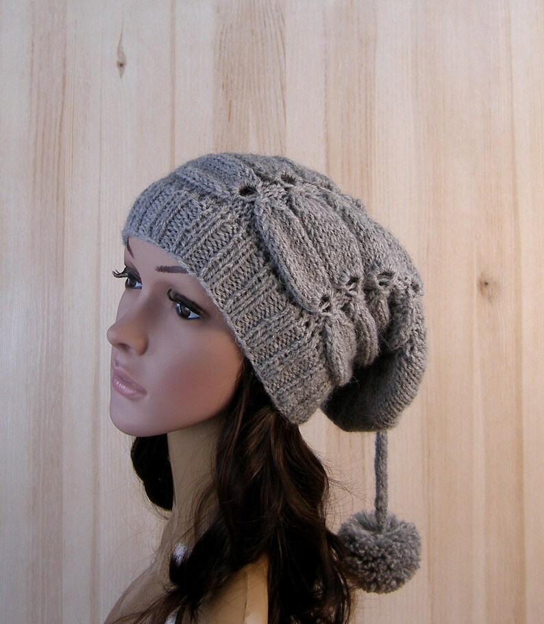 Gray Women's Winter Slouchy Beanie Hat Gray Women's Winter Hand Knit Hat wool knit hat pom pom hats for women's image 10
