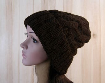 Brown Slouchy Cable Beanie knitted Hat Slouch Hat Brown Beanie, Slouchy winter hat slouchy hats women's knit hat