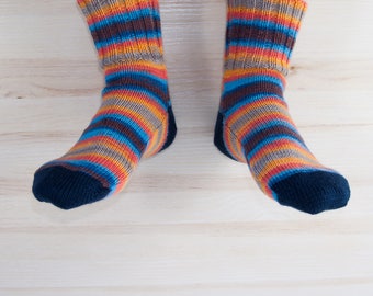 Handmade Knitted woolen women's winter warm striped socks multicolor colorful casual socks for boots