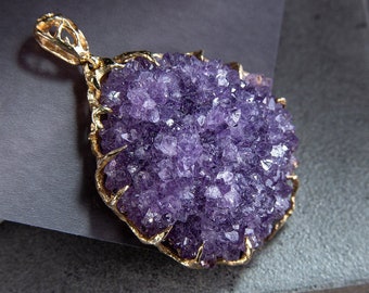Amethyst Gold Pendant Crystals Raw Unisex Statement Lord the rings Jewelry Natural Quartz Gemstone Gold Necklace Magic Stones Healing