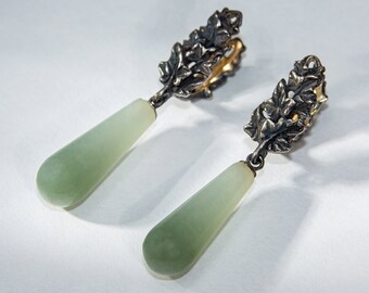 Bicolor Jade Patinated Silver Ivy Earrings Olive Green Cabochons Natural Gemstone Nephrite Jewelry Pisces Sign Gift Magic Healing