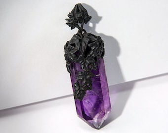 Amethyst Crystal 18K Gold necklace Patina Deep Purple Raw Uncut Stone Natural Healing Gemstone Dark Magic Power HSP gift ideas art nouveau