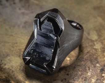 Schorl Black Tourmaline Crystal Silver Ring Coal Black Natural Gemstone Defender Magic Energy Mens Jewelry Libra Birthstone Unique Gift art