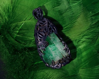 On hold: Pine Pendant Natural Green Emerald Beryl Crystal Gemstone Sterling Silver Blackened Necklace Fine Jewelry