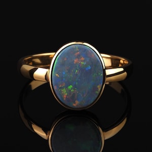 Ring Black Opal Gold Australian Mylene Farmer style Unisex Jewelry Unique Harlequin Opal Gold Ring Engagement opal Wedding anniversary gift