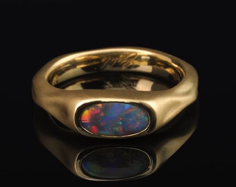 Black Australian Opal Gold Ring ryan gosling style statement one of a kind band engagement ring Opal wedding anniversary
