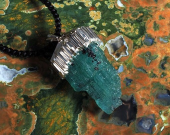 Green Natural Raw Emerald Crystal Silver Pendant Urals emerald green beryl unisex necklace Silk cord