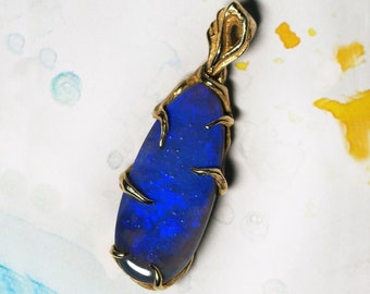 Mens Opal Pendant Gold Natural Australian Neon Blue Gemstone Milkyway opal Yellow Gold 14K Necklace for Men Art Nouveau Fine Jewelry 11595