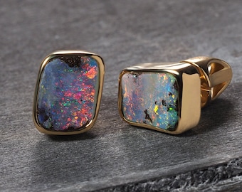 Boulder Opal Yellow Gold Stud Earrings Polychrome Multicolor Cosmic Purple Australian Opal Gemstone Unisex Jewelry October Birthstone