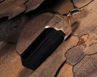 Black Tourmaline Pendant Gold Crystal Raw Natural Schorl Gemstone Yellow Gold Necklace Healing Jewelry Gim for Him Mens Jewelry Unisex