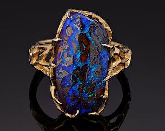 Milky way Boulder Opal Ring Gold Engagement ring Colorful Gemstone Unisex Jewelry Australian stone Opal Vrubel Art Nouveau jewelry Opal ring