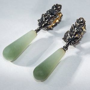 Bicolor Jade Patinated Silver Ivy Earrings Olive Green Cabochons Natural Gemstone Nephrite Jewelry Pisces Sign wife Gift Magic Healing art