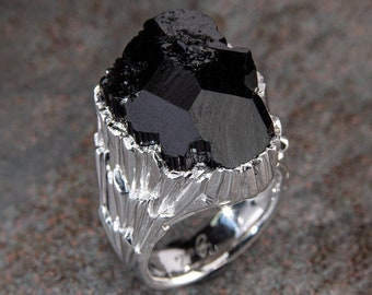 Large Schorl Black Tourmaline Crystal Silver Ring Raw Uncut Gem Coal Black Natural Namibian Gemstone Dark Magic Healing Capricorn Gift Mens