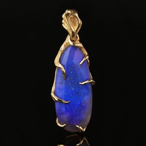 Mens Opal Pendant Gold Natural Australian Neon Blue Gemstone Milky way opal Yellow Gold 14K Necklace for Men Art Nouveau Fine Jewelry