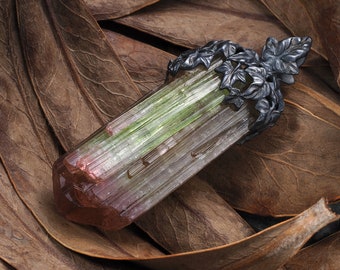 Large Polychrome Tourmaline Crystal Patinated Silver Pendant Bicolor Raw Uncut Natural Brazilian Gem Unisex Magic Forest Healing Libra Gift