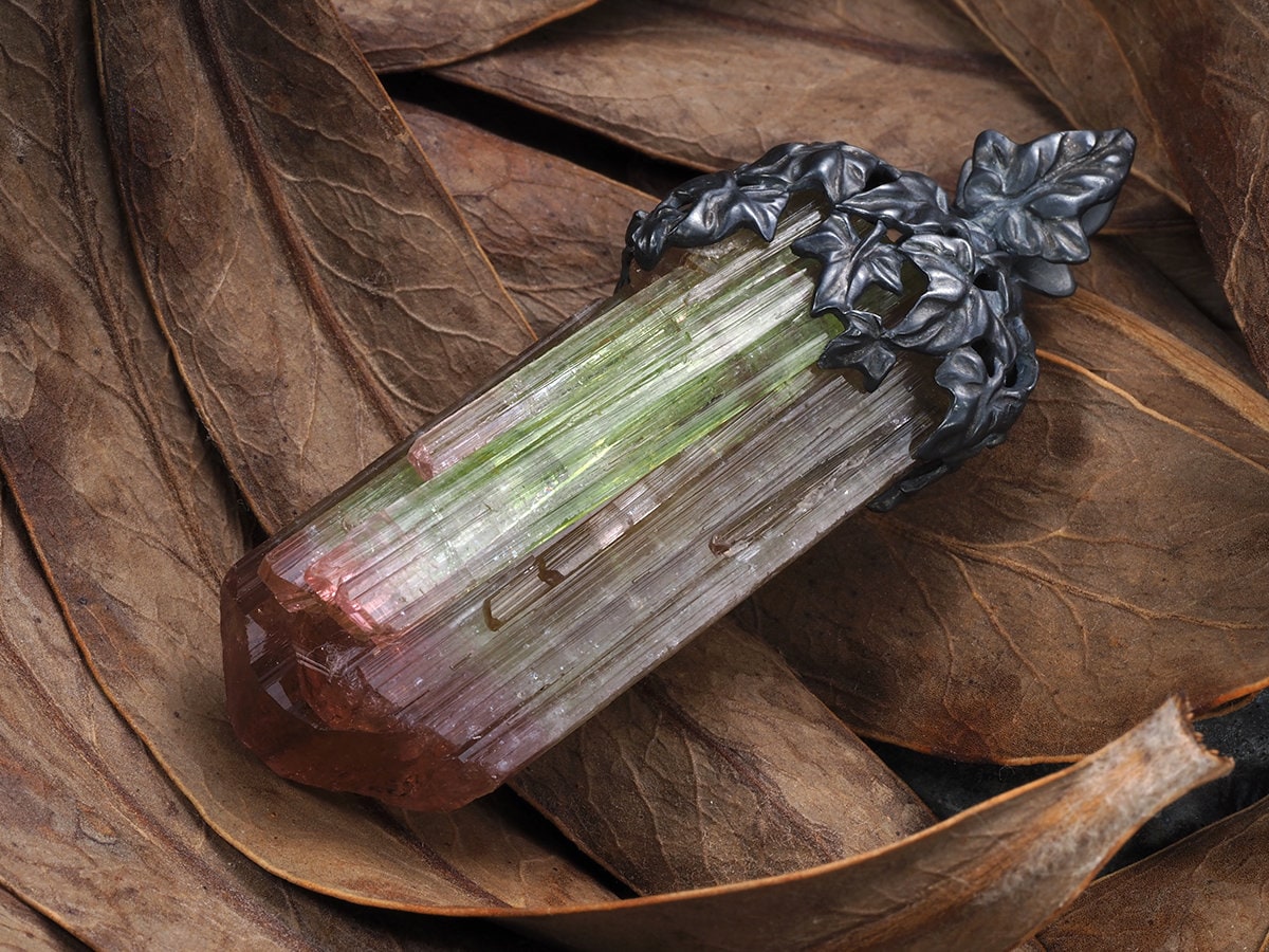 Large Polychrome Tourmaline Crystal Patinated Silver Pendant Bicolor Raw Uncut Natural Brazilian Gem Unisex Magic Forest Healing Libra Gift
