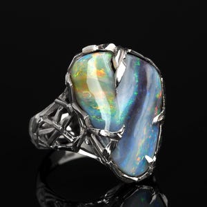 Opal Gold Ring Australian White Gold Gemstone Ring Gift wife Her Him Boulder Opal Mens Lord of the ring style Unisex bague gift opal wedding