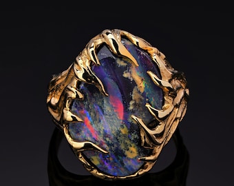 Opal Ring Gold Unisex Herr der Ringe Stil Jugendstil Regenbogen Edelstein Schmuck Australischer Opal 14K Gold Opal Homme-Verlobungsring Idee