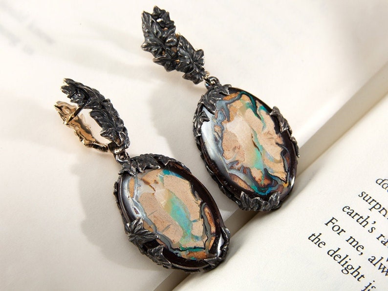 Map of Middle-earth Boulder Opal Earrings Gold Patinated Silver Map of Middle-earth Boulder Opal Earrings Gold Patinated Silver