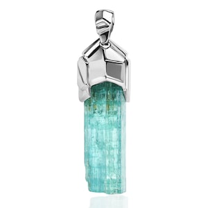 Aquamarine Crystal Silver Pendant Cyan Blue Beryl Raw Uncut Stone Natural Gemstone Crystal Healing Unisex Jewelry Pisces Birthstone