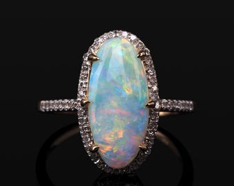 Opal Engagement Ring Diamonds Unique Yellow Gold Genuine Australian Opal Fine Lady Gaga style ring