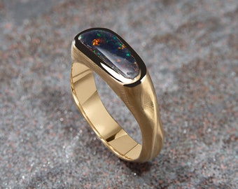 Black Opal Yellow Gold Ring Rainbow Stardust Pattern Natural Australian Gemstone Outer Space Engagement Unisex Scorpio Sign Gift