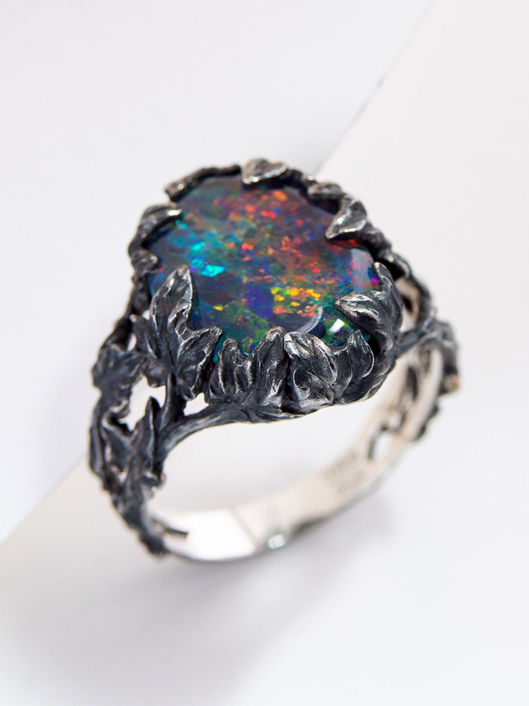 Custom Made Opal Ring Men's Australian Opal Triplet Sterling Blackened