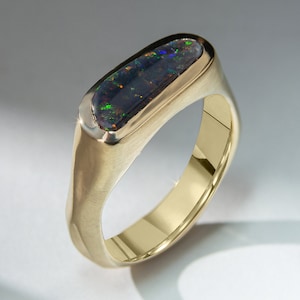 Black Opal Yellow Gold Ring Rainbow Stardust Pattern Natural Australian Gemstone Outer Space Engagement Unisex Scorpio Sign Gift
