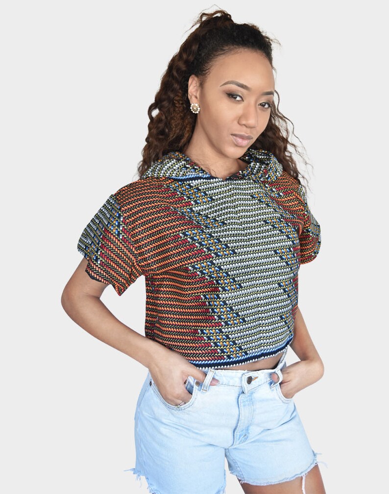 Mena Mode yellow red and black African Street Style Shirt in Ankara Fabric Crop Top Hoodie Daishiki for everyday wear or festivals or events
