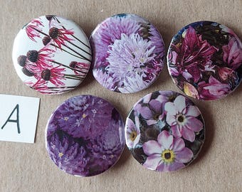Floral Pin Set of 5 – Handmade Pinback Flower Buttons – Choose Your Garden Style