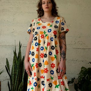 Floral Patterned Prairie Dress in Cream Linen