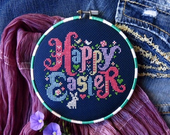 Happy Easter cross stitch sampler, Easter bunny cross stitch pattern, rabbit cross stitch, spring cross stitch, forest animal embroidery