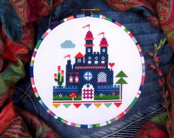 Castle cross stitch pattern, counted cross stitch world, fantasy cross stitch designs needlepoint embroidery stitches pdf design pdf pattern