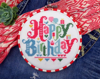 Happy birthday cross stitch pattern pdf, birthday embroidery design needlepoint, cross stitch quote, needlework samplers cross stitch charts