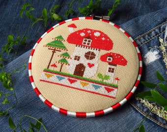 Mushroom house cross stitch pattern pdf, fairy cross stitch design, woodland toadstool gnome cross stitch house, hand embroidery