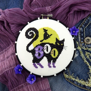 Halloween cat cross stitch pattern, witch cross stitch sampler, trick or treat Halloween sampler, Halloween needlepoint, cross stitch pdf