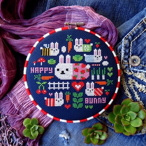 Bunny cross stitch, Easter cross stitch, rabbit cross stitch, rabbit embroidery, cute cross stitch woodland cross stitch kawaii cross stitch