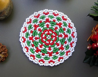 Christmas coaster seed bead pattern, Toho seed beads pdf pattern, beading tutorials and patterns, beaded coaster beading pattern pdf pattern