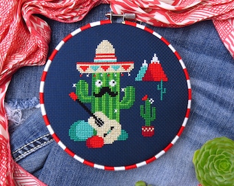 Mexican cross stitch pattern, cactus cross stitch, funny cross stitch cactus pattern, punto de cruz, handmade gift, modern embroidery