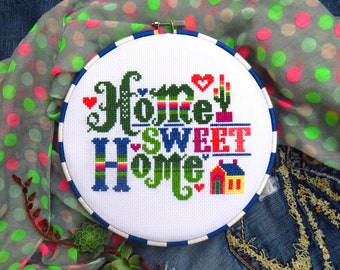 Home sweet home cross stitch pattern pdf, modern needlepoint pattern, cross stitch sampler pdf, diy cross stitch house, cross stitch quote